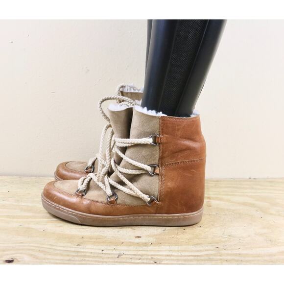 Isabel Marant Boots 40 Brown Leather Shearling Nowles Hidden Wedge Ankle Bootie - Picture 1 of 16